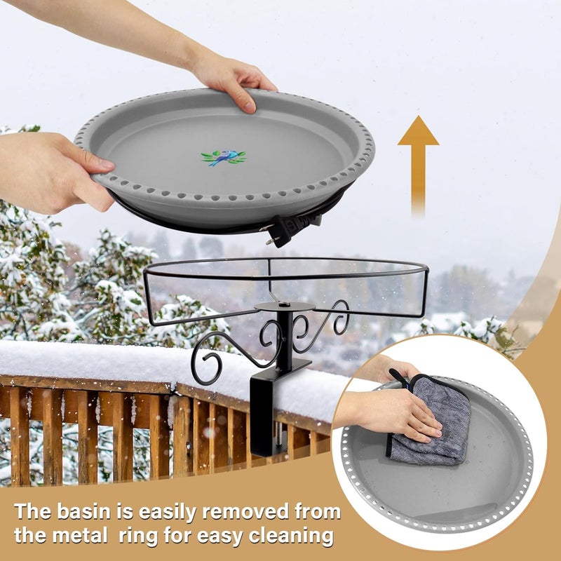 Lovppy Heated Bird Bath for Deck Railing, 100W Thermostatically Controlled Heated Bird Baths for Outdoors Bird Bath Heater, Heated Bird Bath for Outside Winter Garden Patio Yard(Gray) - Image 4